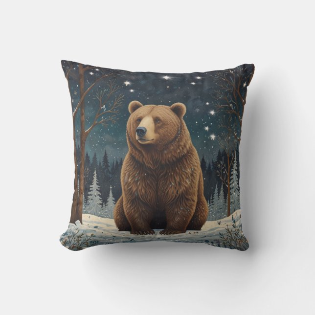 Coussin Ours brun rétro paysage d'hiver de minuit (Recto)