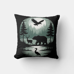 Coussin Ours Cerf Aigle Lune Forêt Silhouette