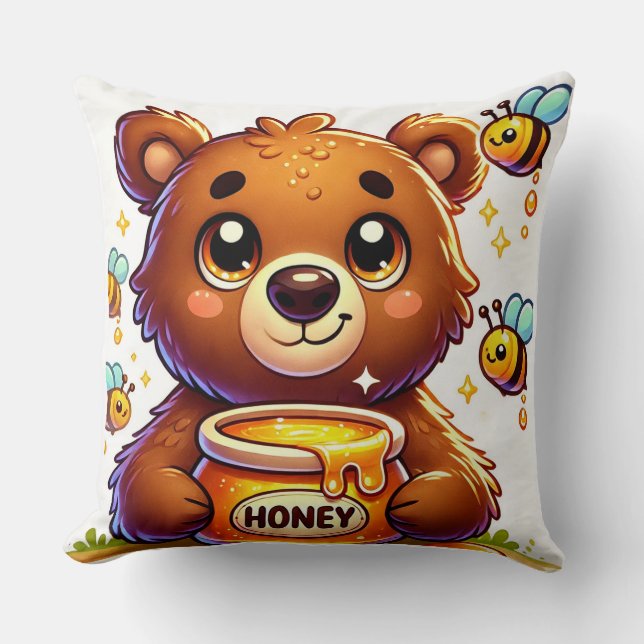 Coussin Ours de dessin animé adorable tenant un pot de mie (Recto)