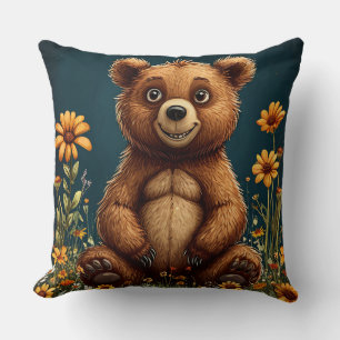 Coussin Ours de dessin animé mignon assis joyeusement