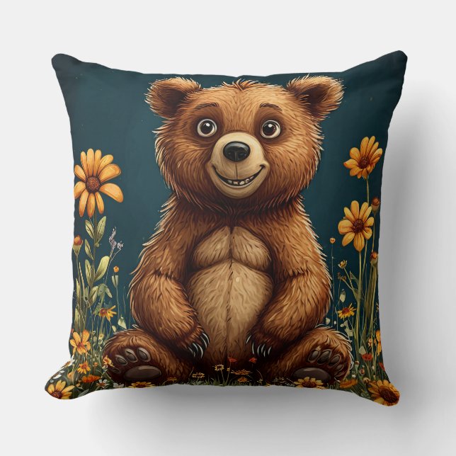 Coussin Ours de dessin animé mignon assis joyeusement (Recto)