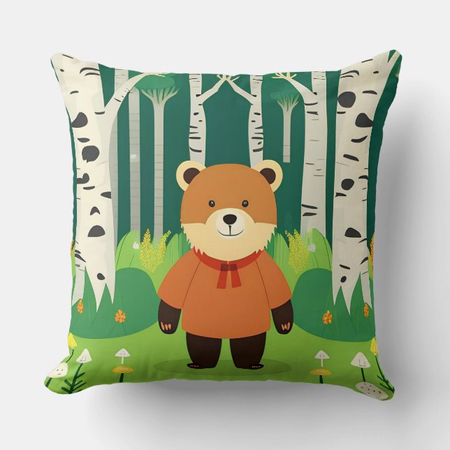 Coussin Ours de dessin animé mignon dans une scène de forê (Recto)