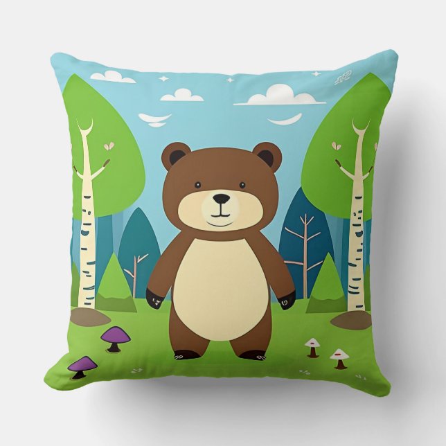 Coussin Ours de dessin animé mignon dans une scène de forê (Recto)