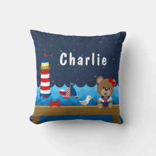 Coussin Ours de fille nautique rouge et marine