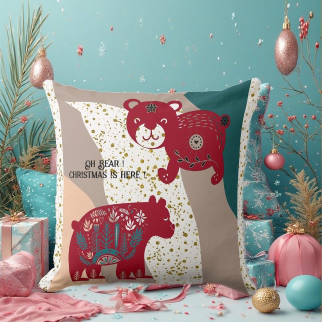 Coussin Ours de Noël nordique Chat Snow Boho Bohemian Art (Nordic Christmas Bear Cat Snow Boho Bohemian Art Throw Pillow)
