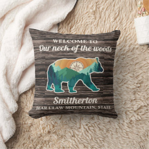 Coussin Ours des Montagnes Boussole Nom de Famille Bienven