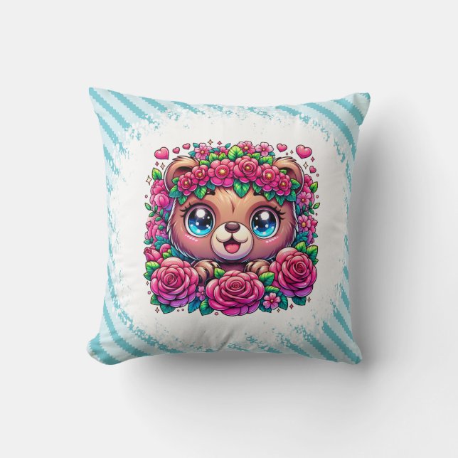 Coussin Ours doux avec Garland aux fleurs (Recto)