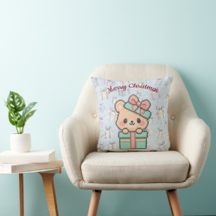 Coussin Ours en cadeau de Noël décoration pixel art pastel