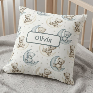 Coussin Ours en peluche à l'aquarelle rêveuse sur la Lune