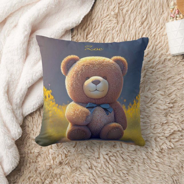 Coussin ours en peluche dans une prairie, enfants mignons (Couverture)