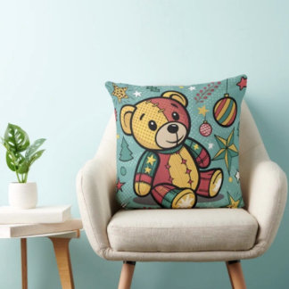 Coussin Ours en peluche de Noël patchwork fantaisiste