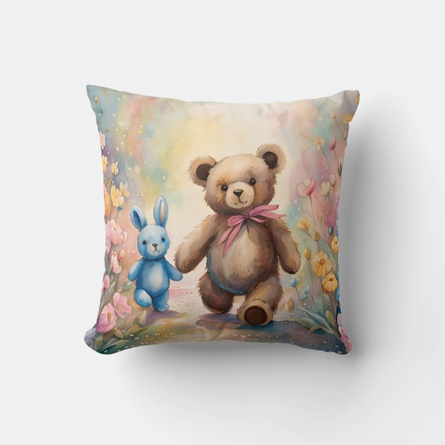 Coussin Ours en peluche et lapin dans un jardin pastel (Recto)