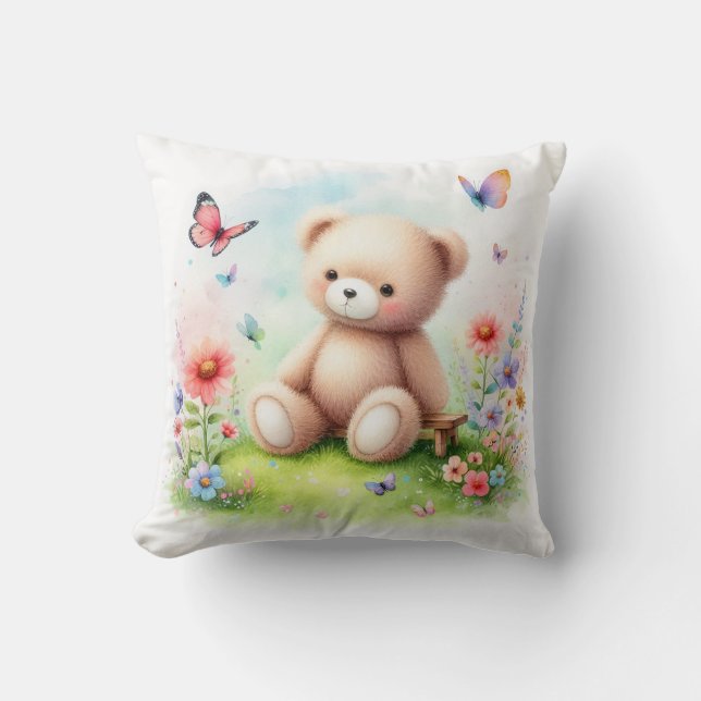 Coussin Ours en peluche et papillons (Recto)