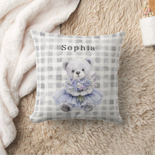 Coussin Ours en peluche heureux floral pourpre