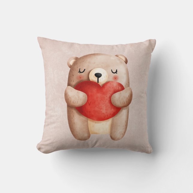 Coussin Ours en peluche mignon portant un coeur rouge (Recto)