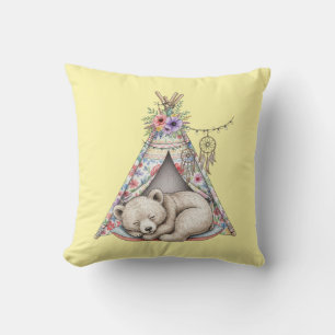 Coussin Ours en peluche rêveur dans un tipi floral