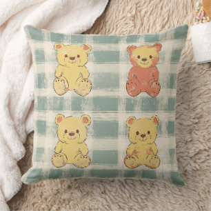Coussin Ours en peluche vintage shabby chic motif gingham