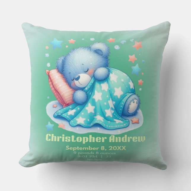 Coussin Ours endormi bébé garçon statistiques de naissance (Recto)