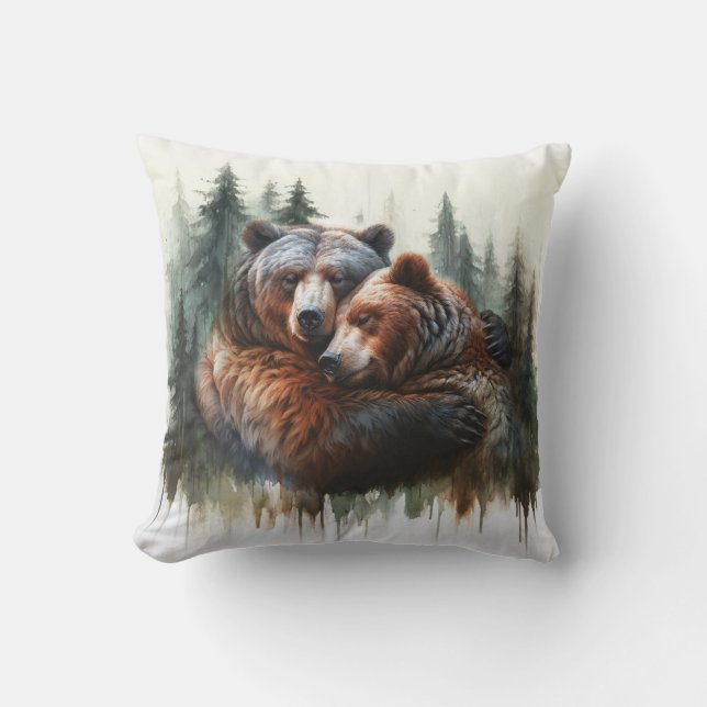 Coussin Ours et arbres à l'aquarelle Rustique Wilderness  (Recto)