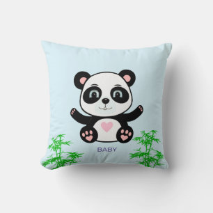 Coussin Ours et bambou de Panda mou sur bleu clair