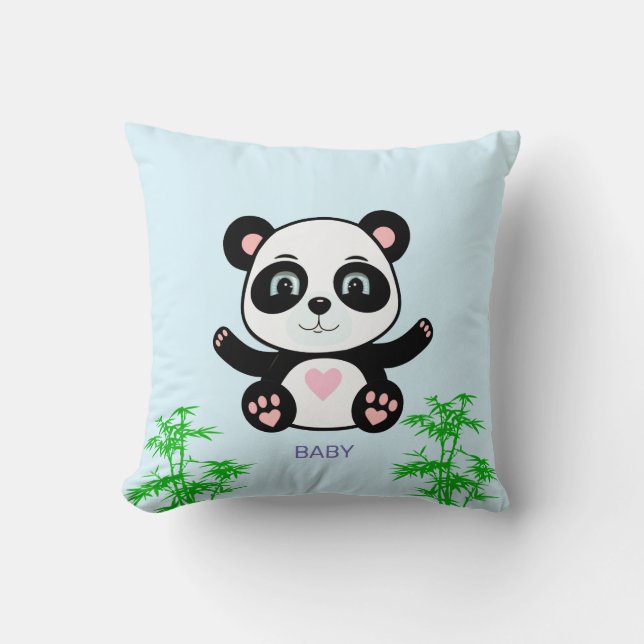 Coussin Ours et bambou de Panda mou sur bleu clair (Recto)