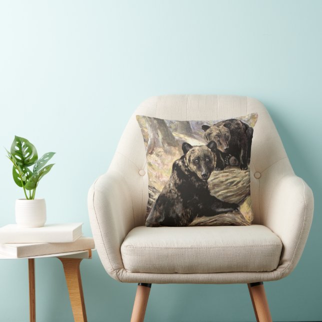 Coussin Ours grizzlis par CE Swan, Animaux forestiers Vint (Chaise)