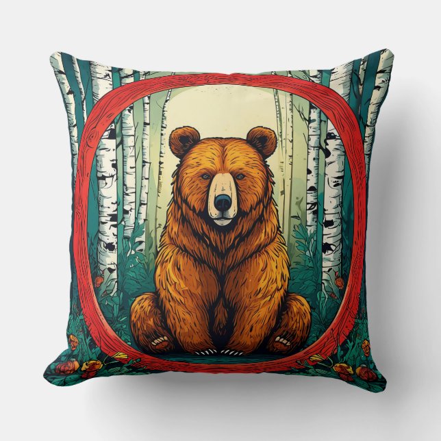 Coussin Ours grizzly dans une forêt de bouleaux (Recto)