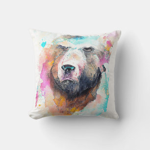 Coussin Ours Grizzly Wild Animal Nature Aquarelle Art