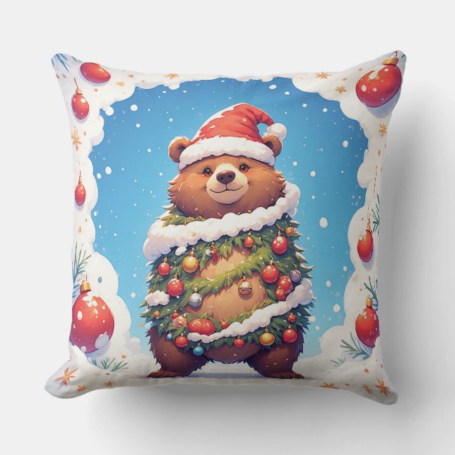 Coussin Ours heureux en chapeau de Père Noël (Recto)