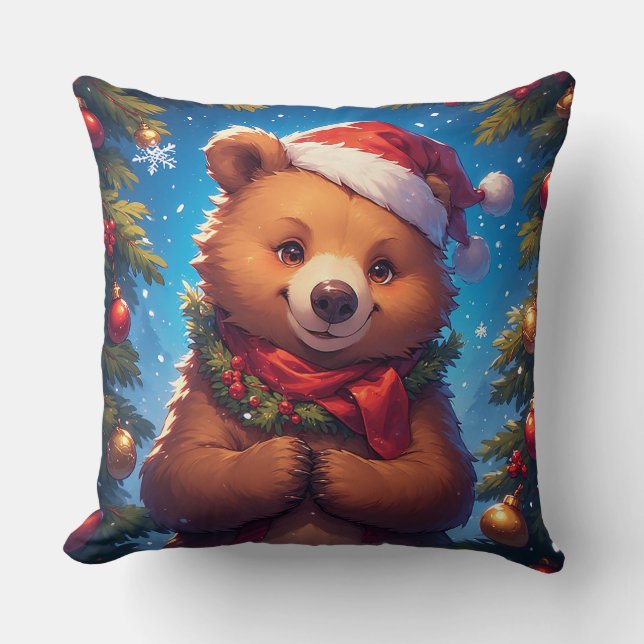 Coussin Ours heureux en chapeau de Père Noël  (Recto)