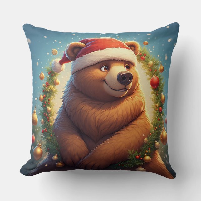 Coussin Ours heureux en chapeau de Père Noël (Recto)