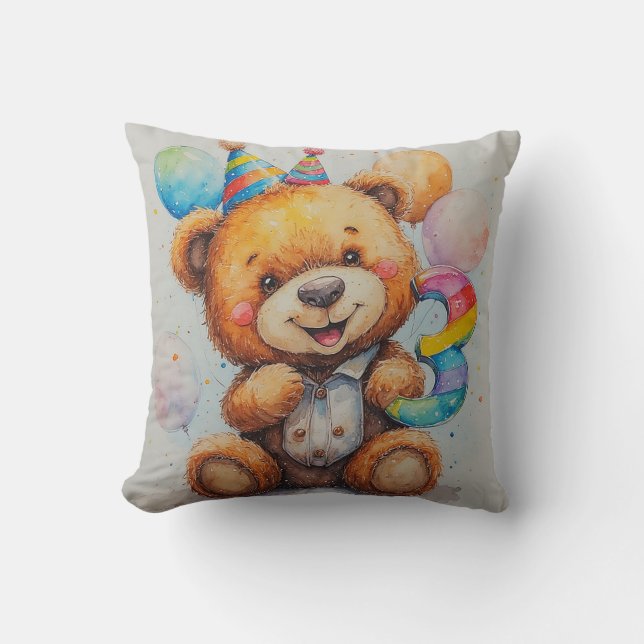 Coussin Ours mignon d'anniversaire avec ballons et chapeau (Recto)