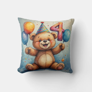 Coussin Ours mignon d'anniversaire avec ballons et chapeau