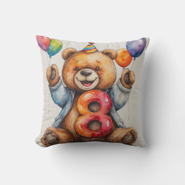 Coussin Ours mignon d'anniversaire avec ballons et chapeau (Recto)