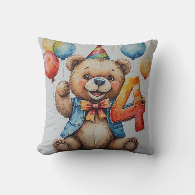Coussin Ours mignon d'anniversaire avec ballons et chapeau (Recto)