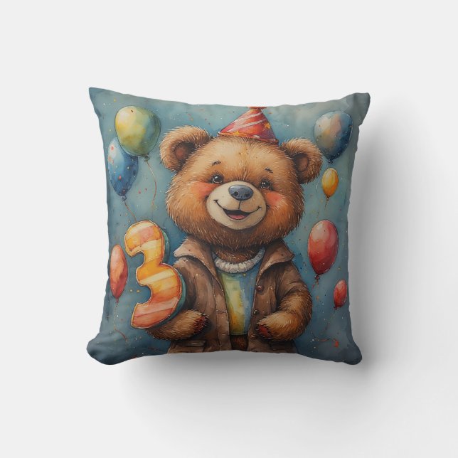 Coussin Ours mignon d'anniversaire avec ballons et chapeau (Recto)
