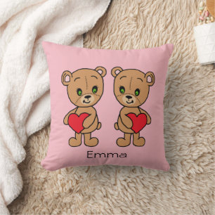 Coussin Ours mignon, dessiné à la main avec deux coeurs