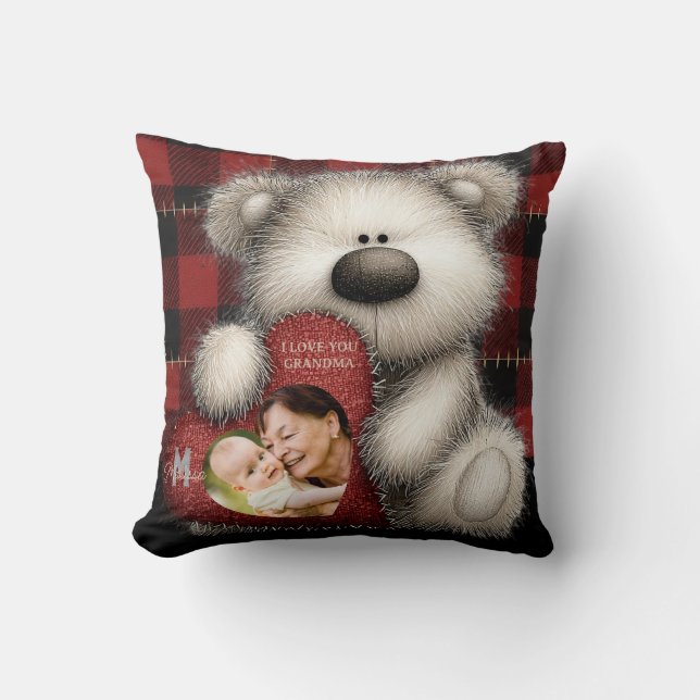 Coussin Ours mignon Je t'aime grand-mère photo de monogram (Recto)
