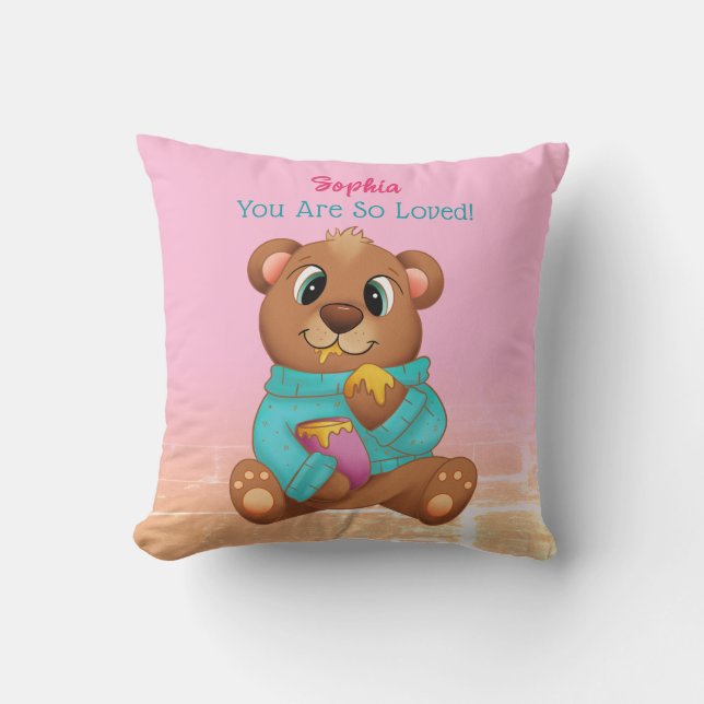 Coussin Ours mignon mangeant du miel, nom de l'enfant et m (Recto)