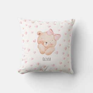 Coussin Ours mignon personnalisé avec des cœurs roses