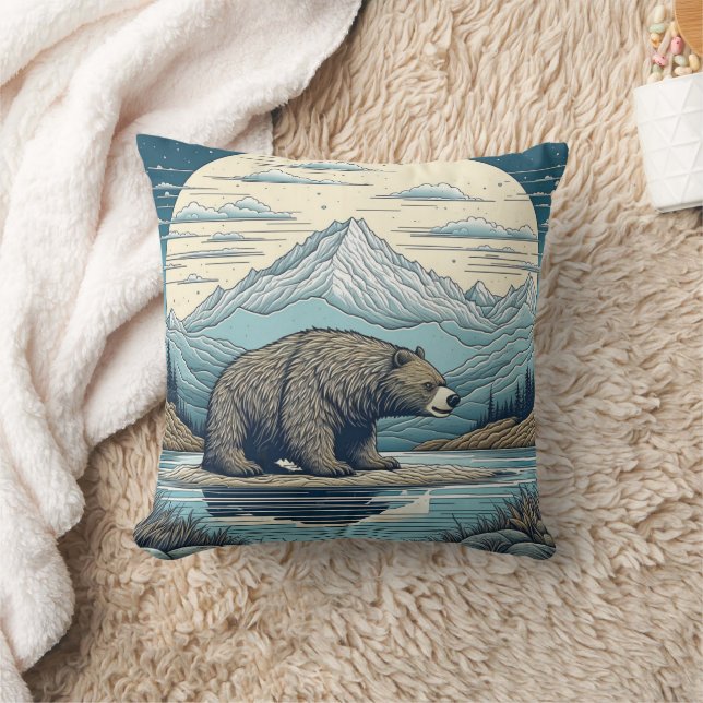 Coussin Ours, Montagnes, Lac, Pleine lune Ai Art (Couverture)