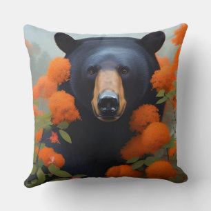 Coussin Ours noir en fleurs orange