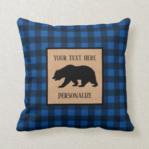 Coussin Ours noir sur un plaid personnalisé bleu et noir