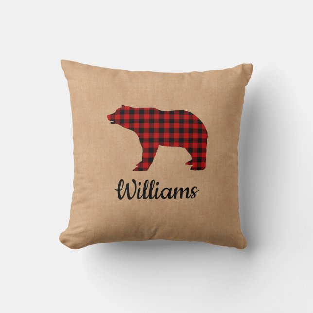 Coussin Ours Plaid Buffalo Burlap Personnalisé (Recto)