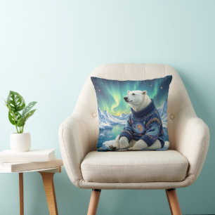 Coussin Ours polaire assis sous les aurores boréales