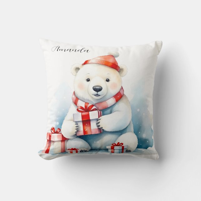 Coussin Ours polaire blanc mignon aquarelle Noël (Recto)