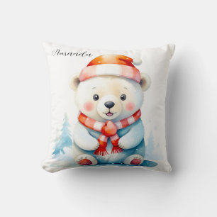 Coussin Ours polaire de Noël à l'aquarelle enjoué