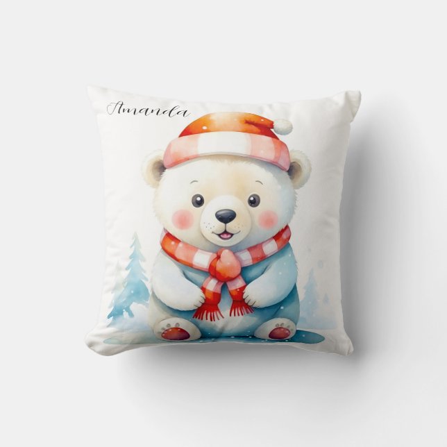Coussin Ours polaire de Noël à l'aquarelle enjoué (Recto)
