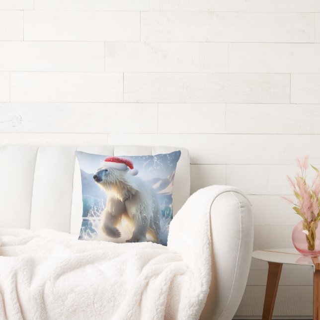 Coussin Ours polaire de Noël avec Casquette Père Noël (Canapé)