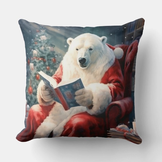 Coussin Ours polaire de Noël lisant (Recto)